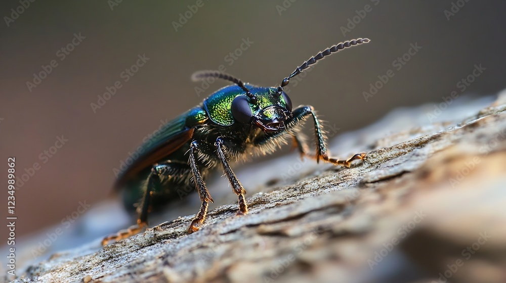 Poster metallic beetle on wood surface playing with natural elements : generative ai