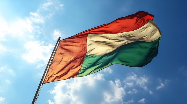 Vibrant Madagascar National Flag Waving in the Clear Blue Sky on a Sunny Day : Generative AI