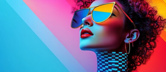 Stylish woman in vibrant sunglasses against a colorful geometric background, exuding confidence