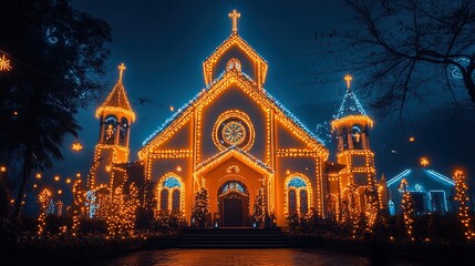 Obraz premium Beautiful church exterior decorated with Christmas lights, festive and sacred ambiance