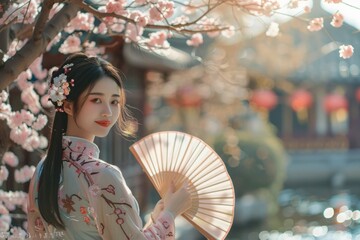 Woman in yukata kimono dress holding folding fan and looking sakura flower or cherry blossom blooming in the garden. Neural network ai generated