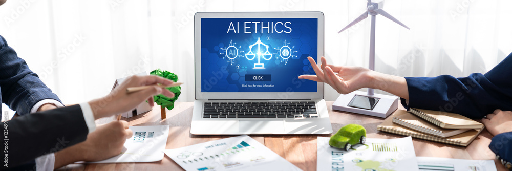 Poster ai ethics responsibility standard law and rules on computer screen provide report of ai ethic transp