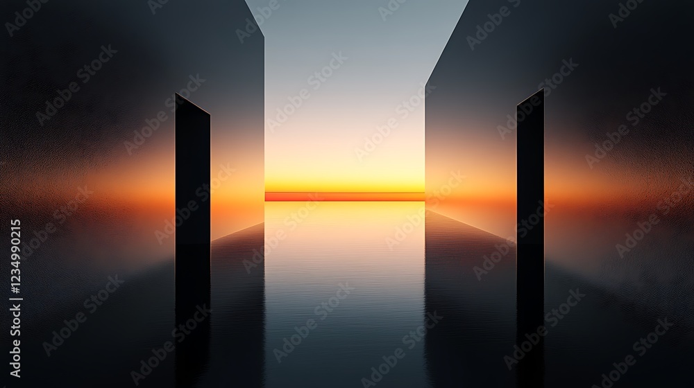 Poster sunset view between two tall dark structures