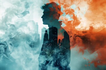 Double exposure view of male figure portrait in surreal big city with smoke. Neural network ai generated
