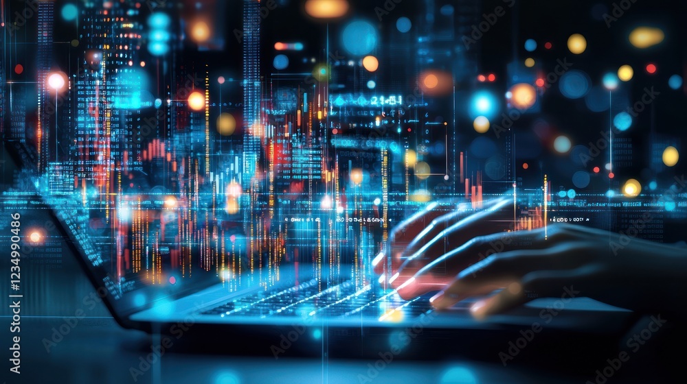 Aufkleber digital metropolis: a futuristic depiction of data flow and technology.