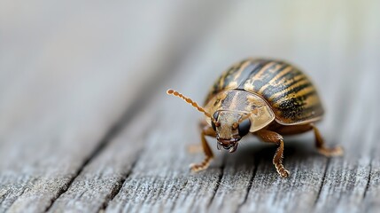 CloseUp of a Small Beetle on Wooden Surface Highlighting Its Striped Patterns and Features : Generative AI