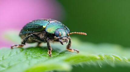 Fototapeta premium Vibrant Green Beetle on Leaf with Metallic Sheen and Nature Background : Generative AI