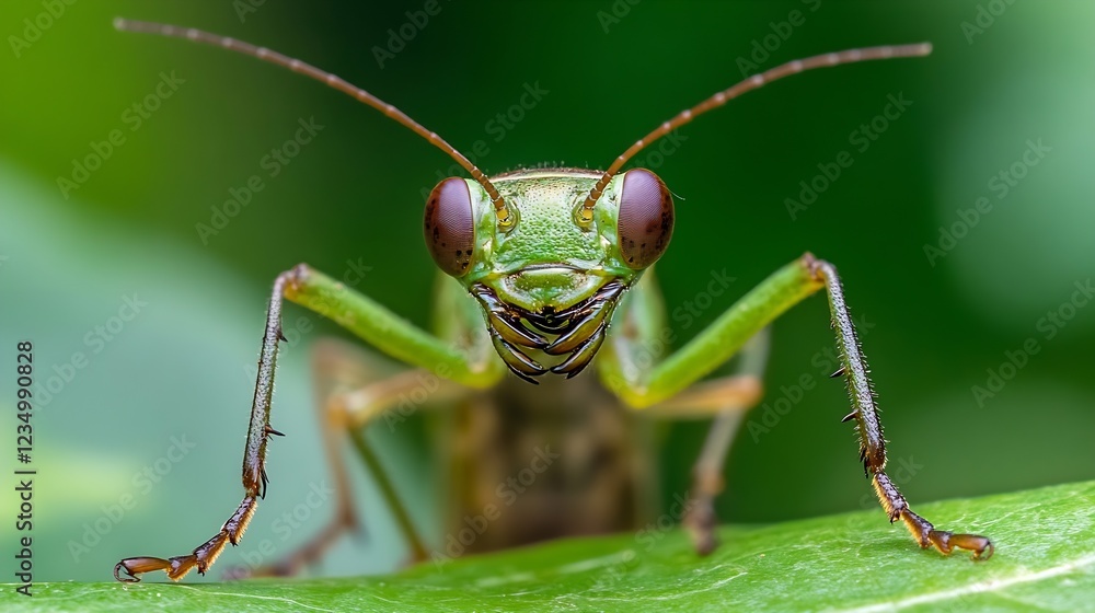 Poster macro view of a green insect on leaf with vibrant eyes and antennae : generative ai