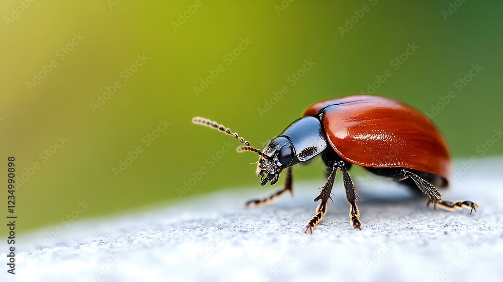 Poster Red Beetle on Gray Surface in Macro with Natural Green Background : Generative AI