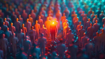 Obraz premium A vibrant crowd of figurines with one illuminated figure standing out among the rest.