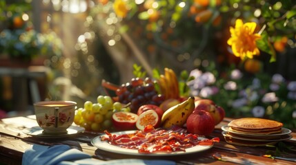 Sunny Morning Garden Breakfast with Fruits and Bacon