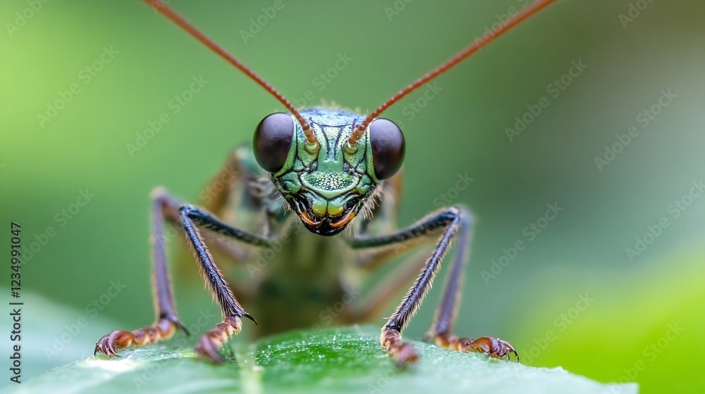 Poster Closeup of a Praying Mantis on Leaf with Macro Details and Vibrant Green Colors : Generative AI