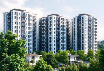 New modern block of flats in green area. residential apartment with flat buildings exterior. luxury house complex. Part of City Real estate property, condo architecture. apartment insurance concept.
