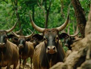A close-up view of a herd of bulls feeding in a lush green field, surrounded by dense forest, conveying a serene and natural atmosphere.
