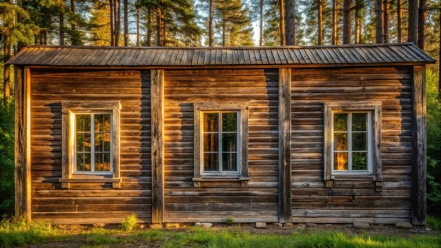 A rustic wooden cabin with three windows, bathed in the warm glow of the setting sun, stands amidst a backdrop of tall pine trees.