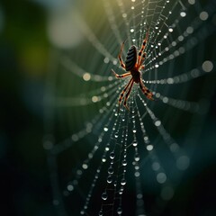 Spider web glistening with dewdrops in the soft light of dawn, nature's delicate artistry  7GH5