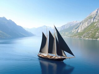 Fototapeta premium A luxury cruise ship sails on a calm blue sea, surrounded by majestic mountains under a clear sky.