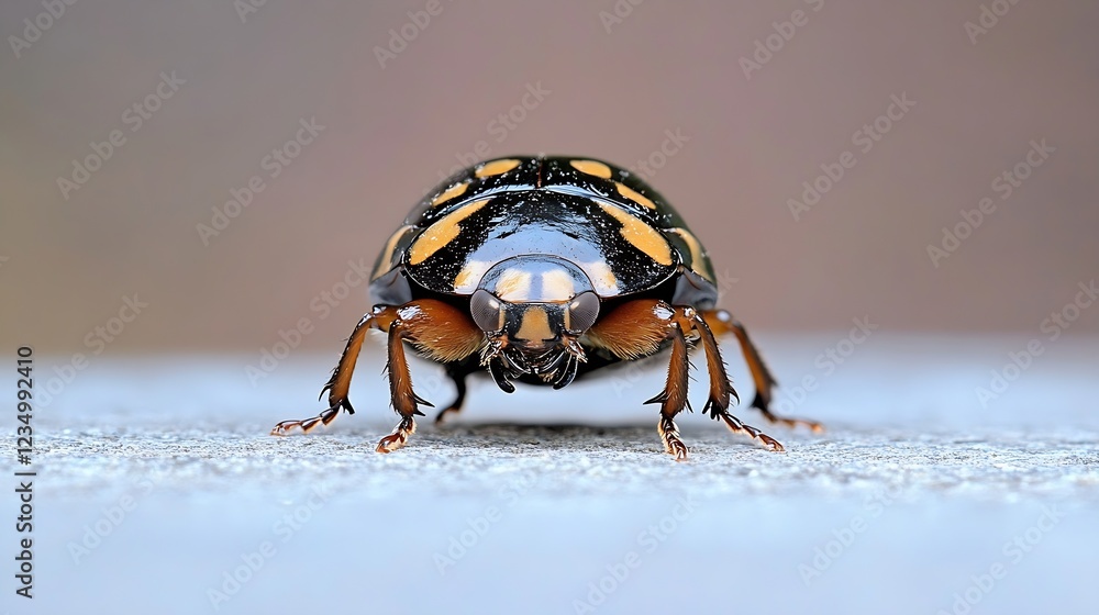 Aufkleber closeup of spotted beetle with yellow markings on gray surface in nature : generative ai