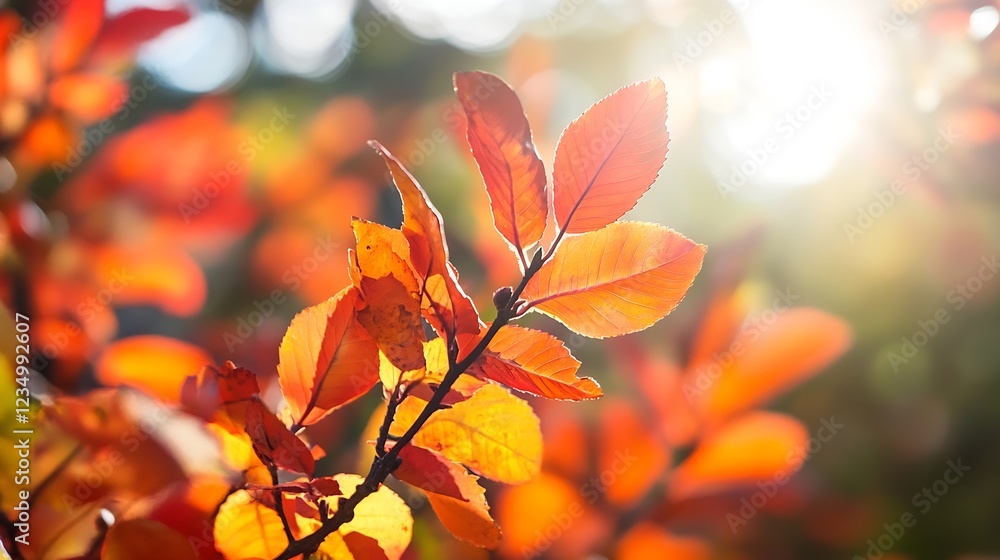Poster bright autumn sunlight filtering through vibrant red leaves in a forest : generative ai