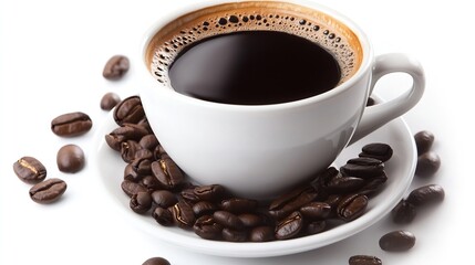 Obraz premium Hot Cup of Black Coffee with Coffee Beans on White Background : Generative AI