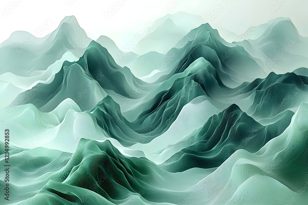 Poster a serene abstract representation of layered green mountains, creating a tranquil and dreamy atmosphe