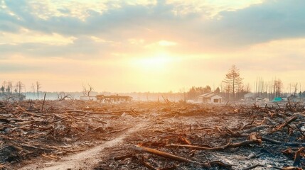 Desolate Sunset: Charred Landscape and Ruins after Disaster