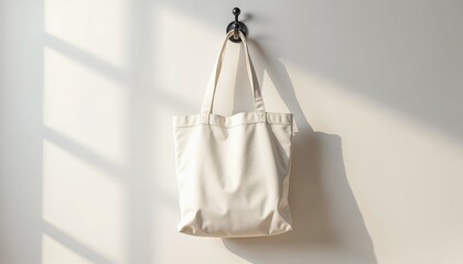 Stylish white tote bag hanging on a wall with soft shadows for fashion and lifestyle concept