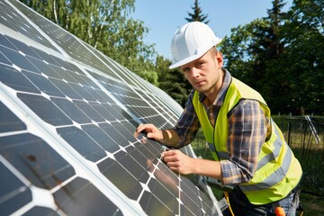 Engineer inspecting solar panels on sunny day. Neural network AI generated
