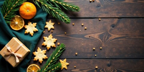 Festive Holiday Season Arrangement with Gift, Citrus, and Snowflake Cookies on Rustic Wood