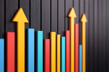 Obraz premium Colorful bar and arrow charts on dark wooden background symbolize growth and optimization efforts. vibrant colors and upward arrows convey sense of progress and success