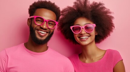 Happy Couple Wearing Pink Sunglasses Smiling Together