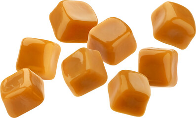 Flying caramel candies, toffee bonbons isolated