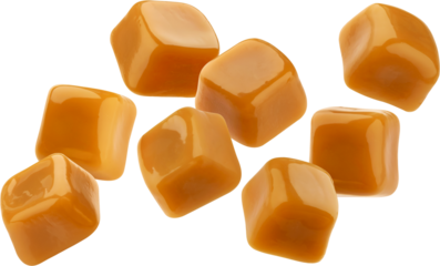 Flying caramel candies, toffee bonbons isolated