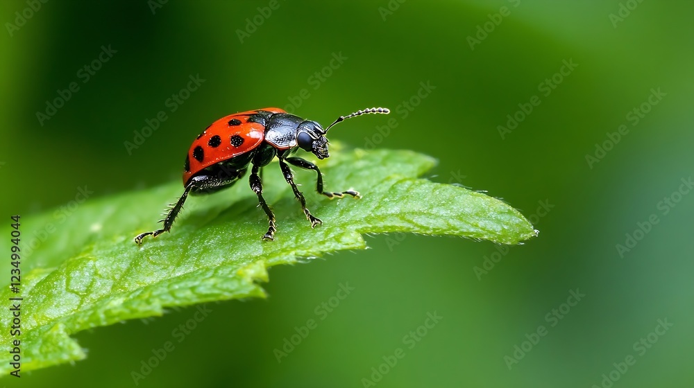 Poster macro shot of black and red ladybug on green leaf in vibrant summer environment : generative ai