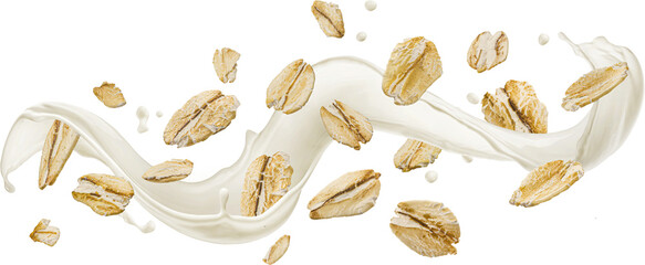 Falling oat flakes with milk splash isolated