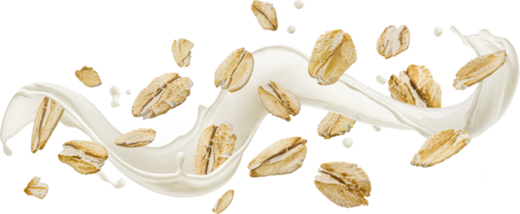 Falling oat flakes with milk splash isolated