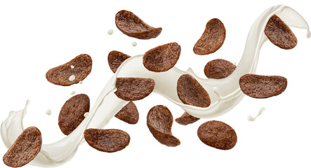 Flying chocolate corn flakes with milk splash isolated on white background