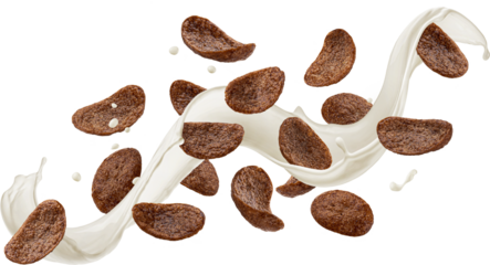 Flying chocolate corn flakes with milk splash isolated on white background