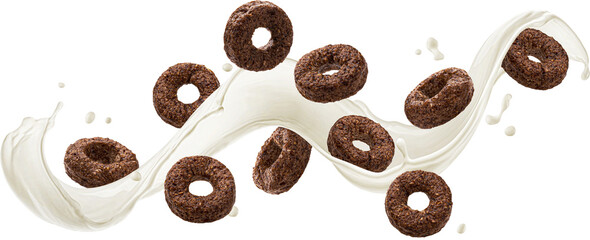 Flying chocolate corn rings with milk splash
