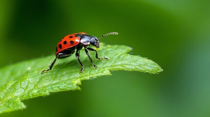 Fototapeta premium Macro Shot of Black and Red Ladybug on Green Leaf in Vibrant Summer Environment : Generative AI