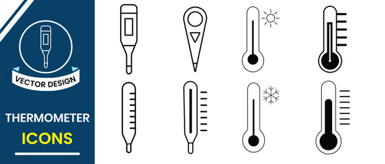 Thermometer icon, vector symbol set. Cold and Hot temperature vector icon set on white background. Weather icon set, Thermometer symbol for logo, app, web design. Vector illustration.