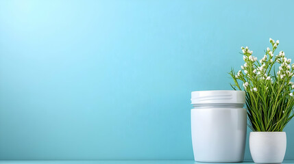 White jar, flowers, blue background, product display