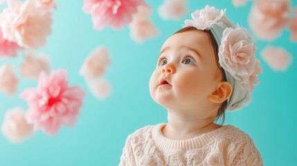 Fototapeta premium Infant gazing up at falling blossoms, a sweet springtime scene.