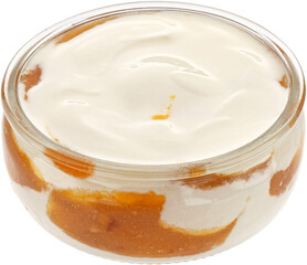 Fruit layered yogurt with apricot jam isolated on white background