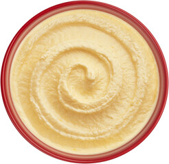 Bowl of fruit yogurt, peach cream isolated on white background, top view