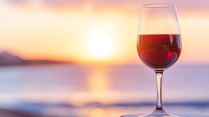 Serene Sunset Wine Glass on Beach Shore with Stunning Ocean View : Generative AI