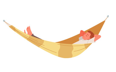 Happy carefree rest of boy sleeping in hanging yellow hammock. Young barefoot man lying in fabric swing bed with stripe pattern to sleep and relax, enjoy tranquility cartoon vector illustration