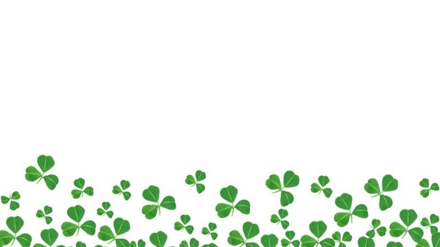 Stop motion St Patricks Day bottom border of dancing shamrocks over a white background