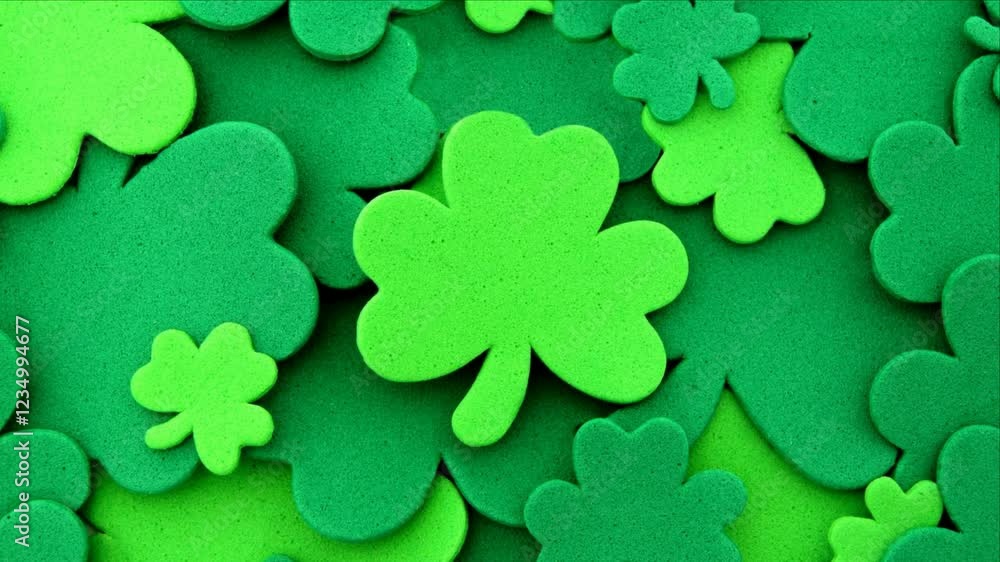 Poster zooming st patricks day background of green shamrocks. overhead view.