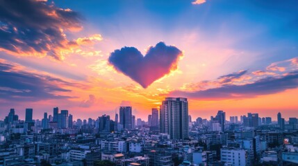 Fototapeta premium A heart-shaped cloud formation above a bustling cityscape, Romantic scene, Natural style